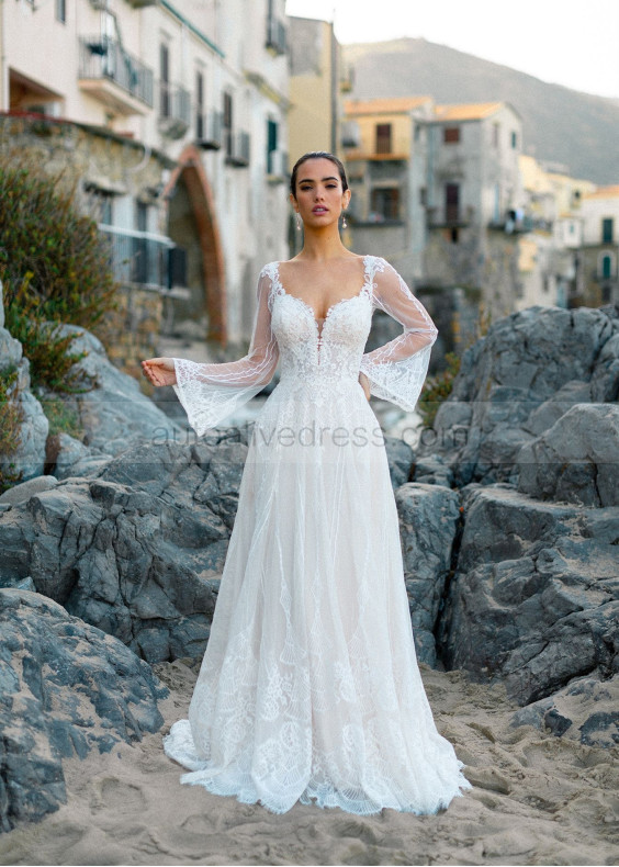 Long Sleeve Beaded Ivory Lace Tulle U Back Wedding Dress